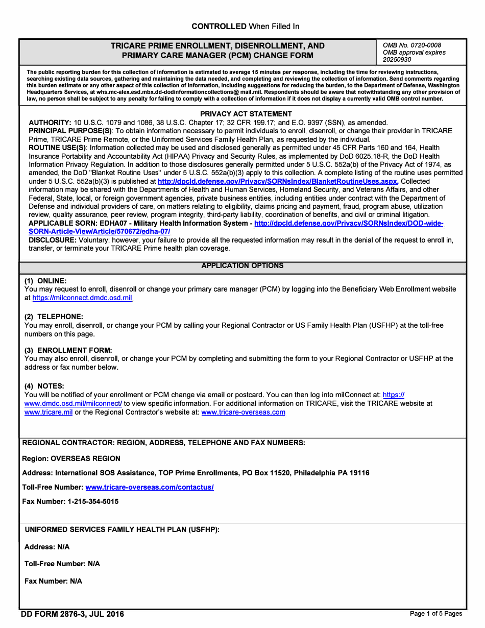 DD Form 2876-3 TRICARE Prime Enrollment, Disenrollment and Primary Care Manager (PCM) Change Form (Overseas), Page 1