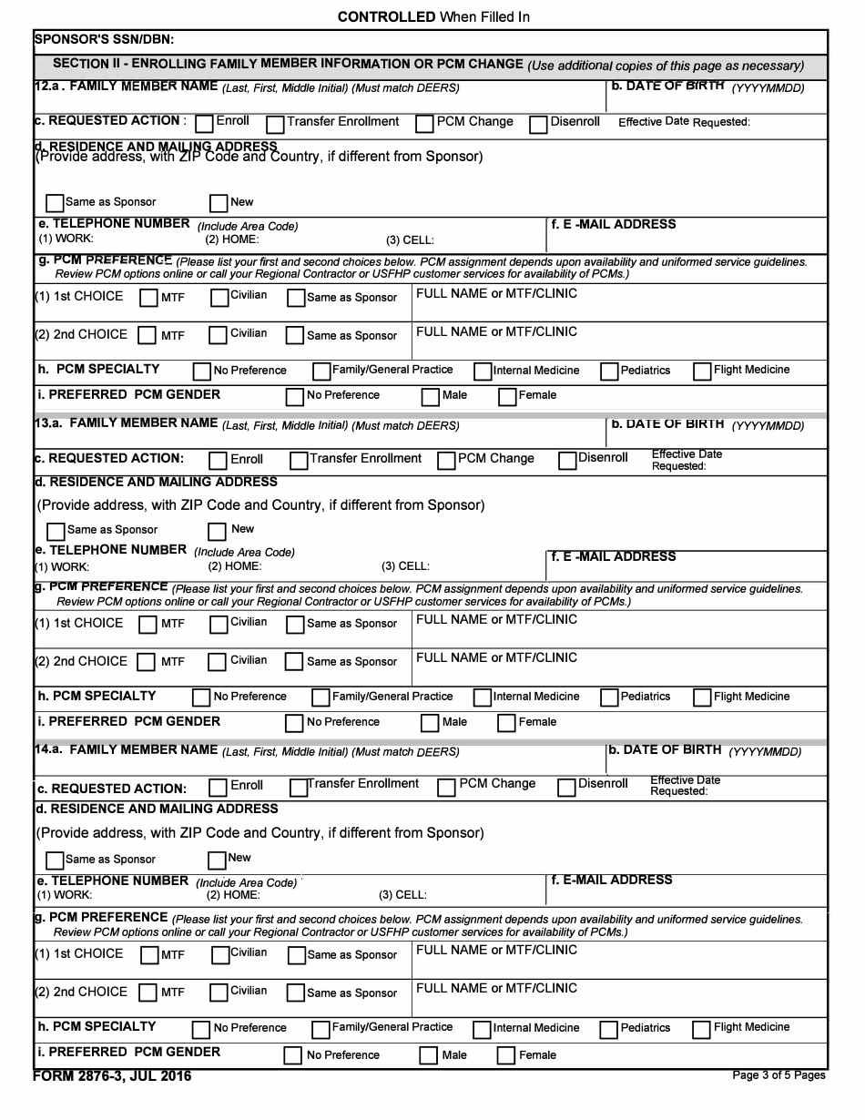 DD Form 2876-3 TRICARE Prime Enrollment, Disenrollment and Primary Care Manager (PCM) Change Form (Overseas), Page 3
