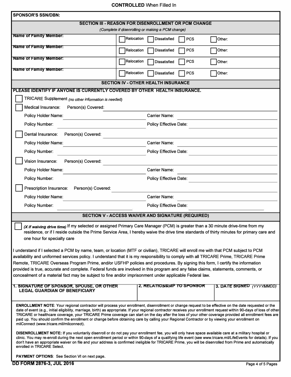 DD Form 2876-3 TRICARE Prime Enrollment, Disenrollment and Primary Care Manager (PCM) Change Form (Overseas), Page 4