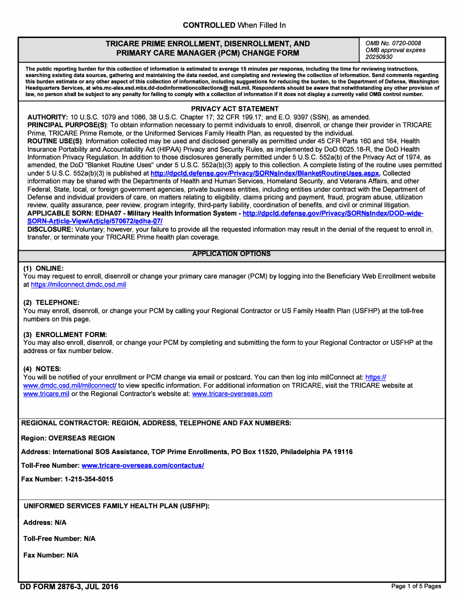 Dd Form 2876 3 Download Fillable Pdf Or Fill Online Tricare Prime Enrollment Disenrollment And 5304