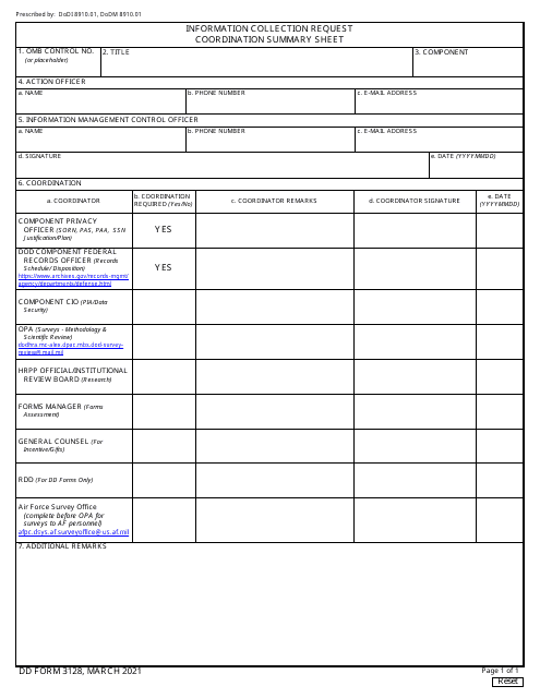 DD Form 3128 Information Collection Request Coordination Summary Sheet