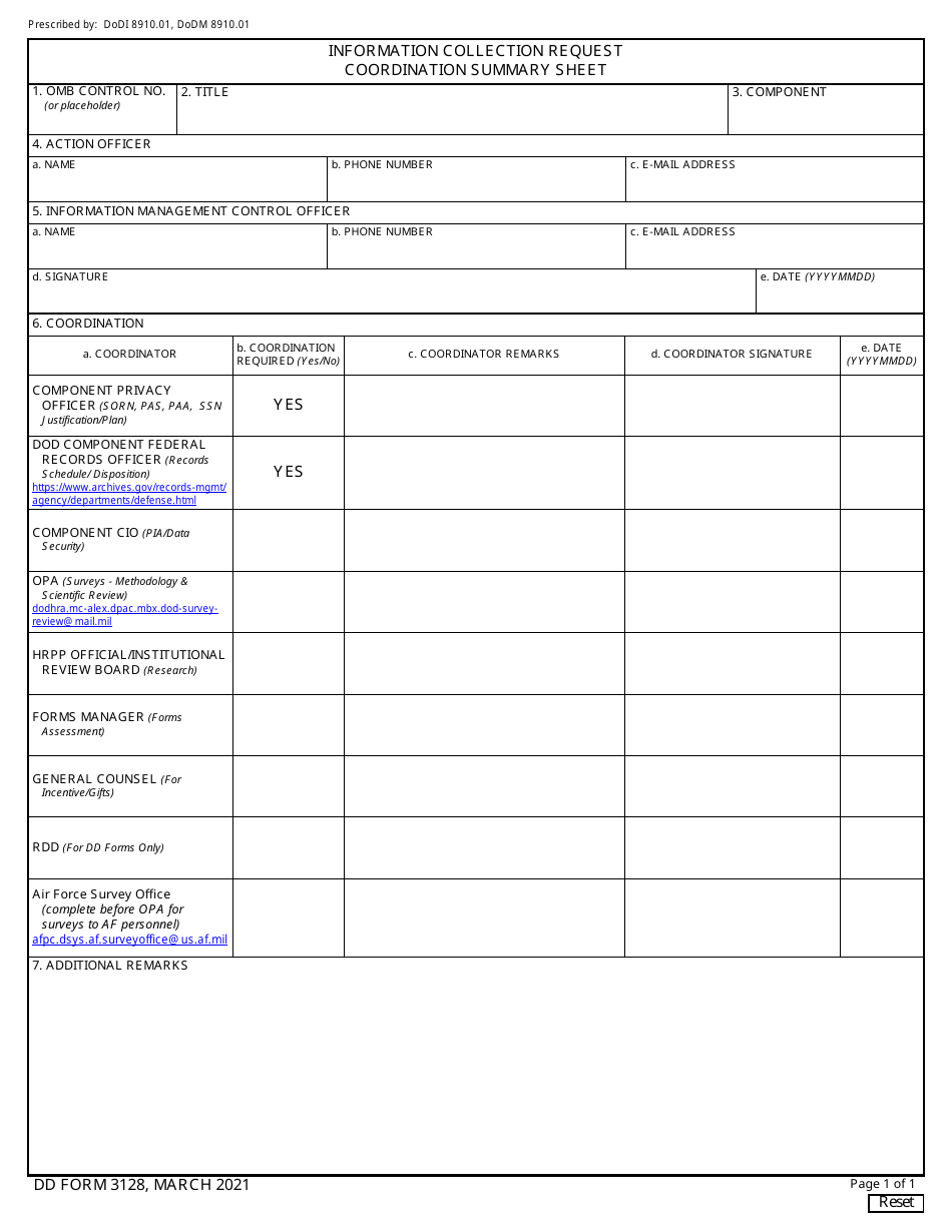 DD Form 3128 Information Collection Request Coordination Summary Sheet, Page 1