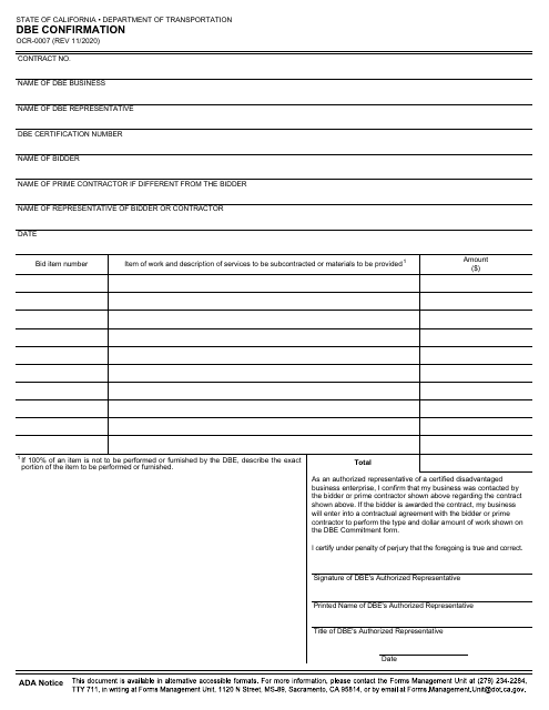 Form OCR-0007 Dbe Confirmation - California