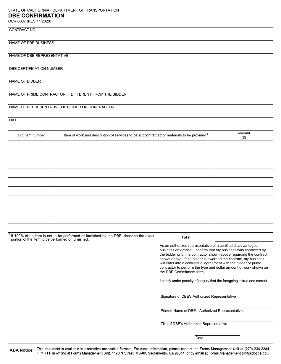Form OCR-0007 Dbe Confirmation - California, Page 1