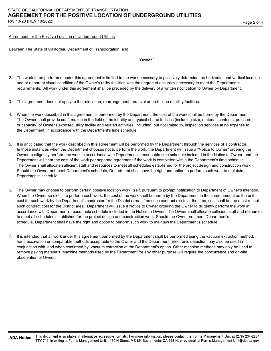 Form RW13-20 Agreement for the Positive Location of Underground Utilities - California, Page 2