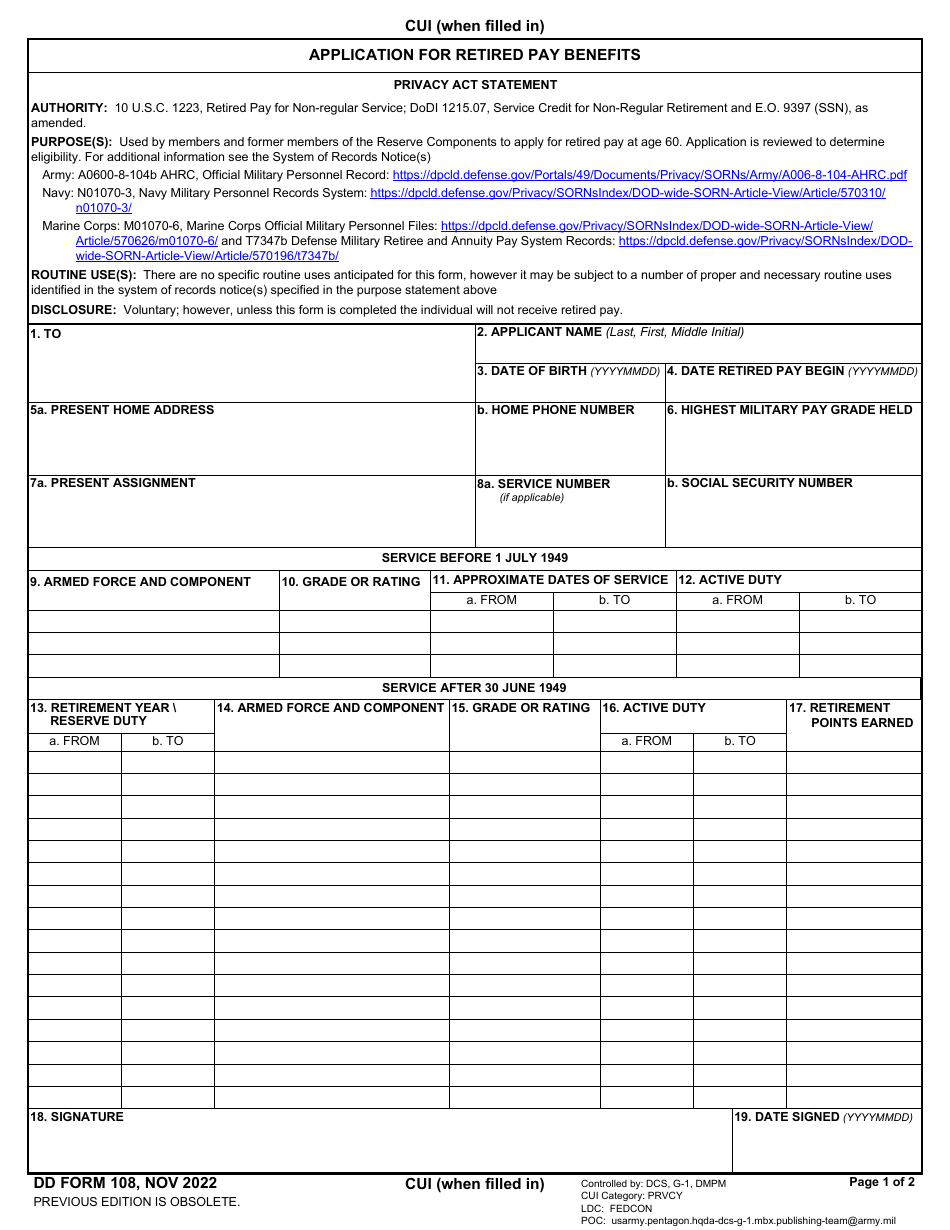 DD Form 108 Application for Retired Pay Benefits, Page 1
