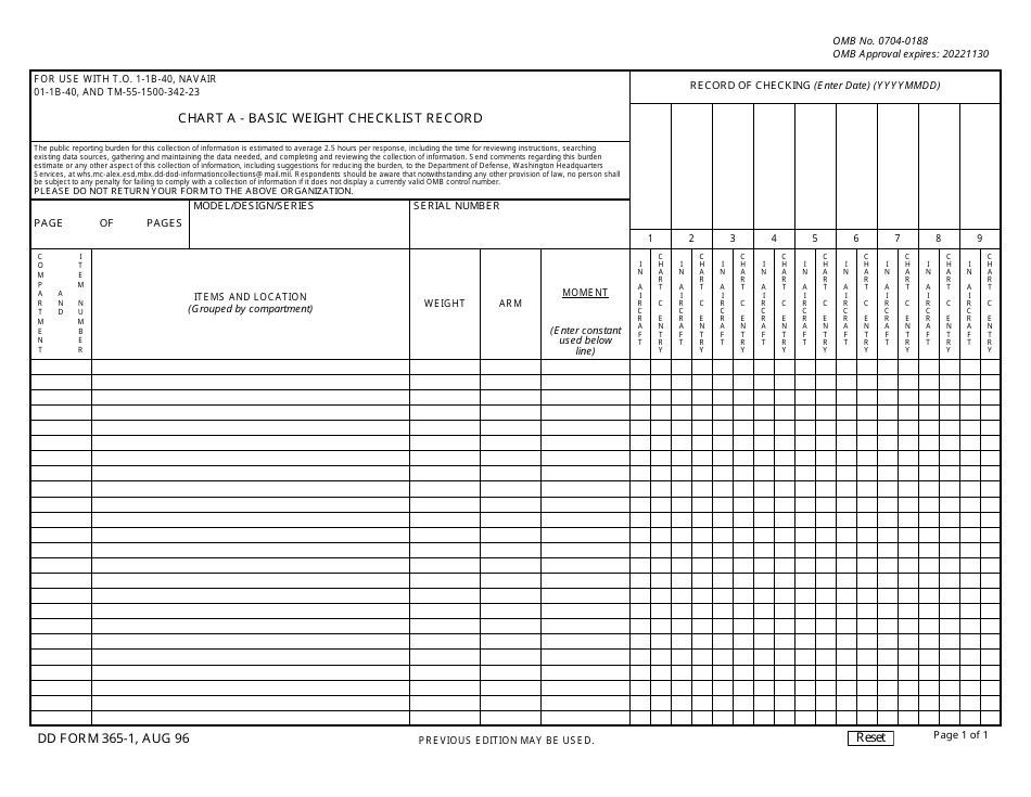 DD Form 365-1 Chart a - Basic Weight Checklist Record, Page 1