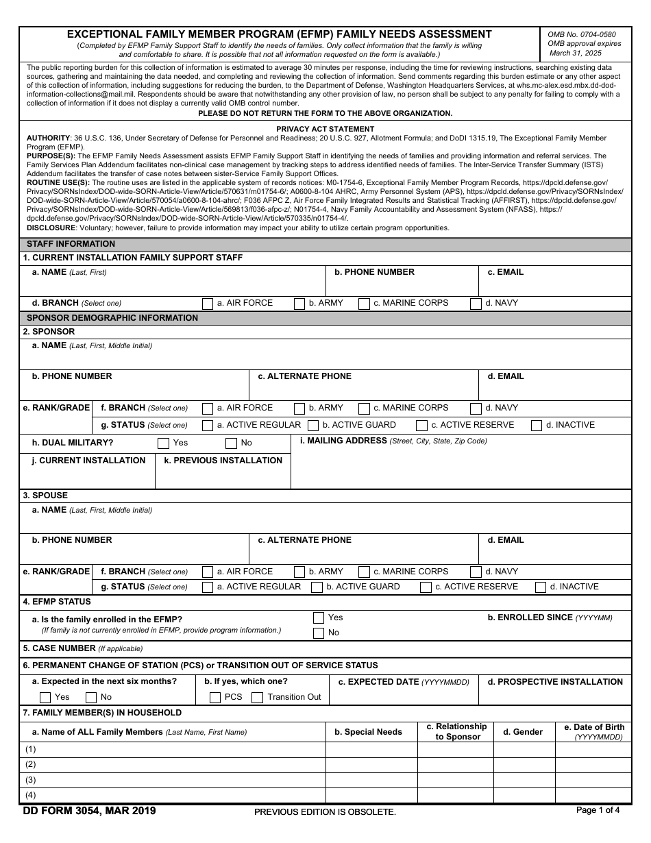 DD Form 3054 Exceptional Family Member Program (EFMP) Family Needs Assessment, Page 1