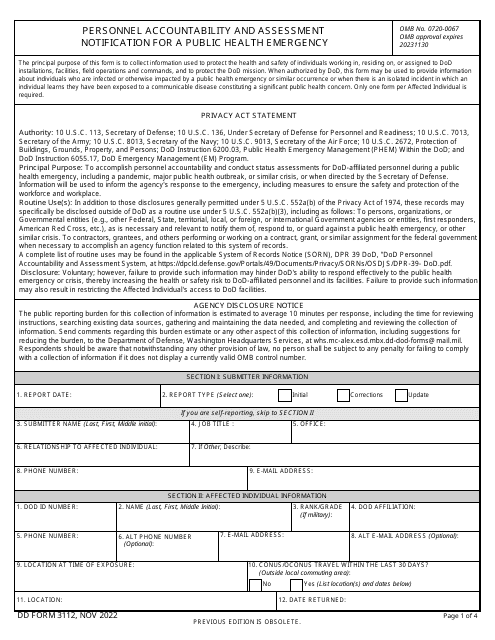 Document preview: DD Form 3112 Personnel Accountability and Assessment Notification for a Public Health Emergency