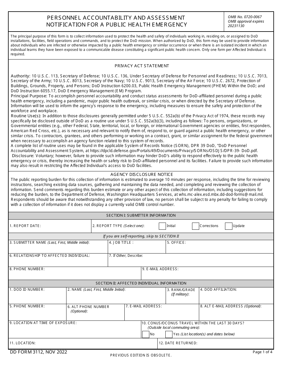DD Form 3112 Personnel Accountability and Assessment Notification for a Public Health Emergency, Page 1