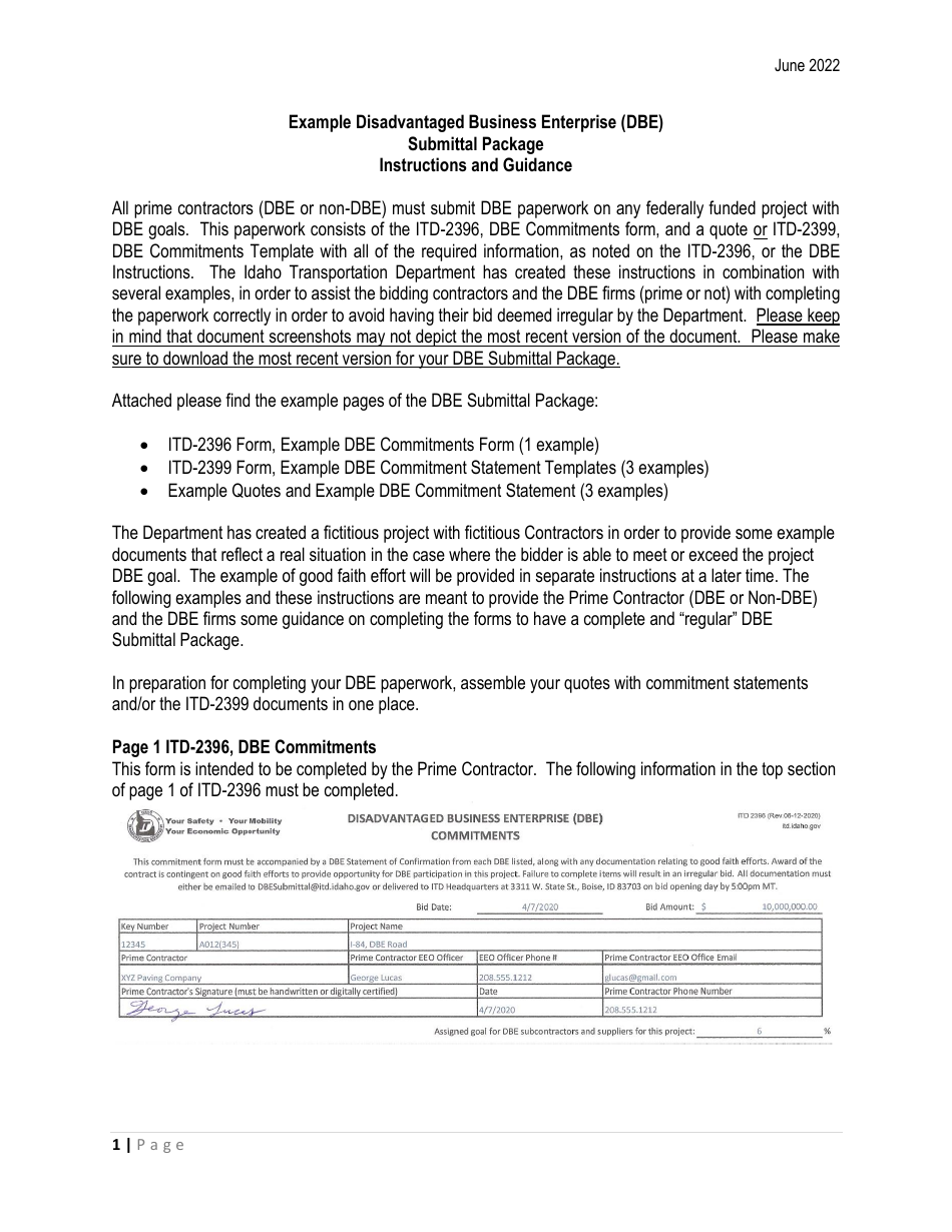Instructions for Form ITD2396 Dbe Commitments - Idaho, Page 1
