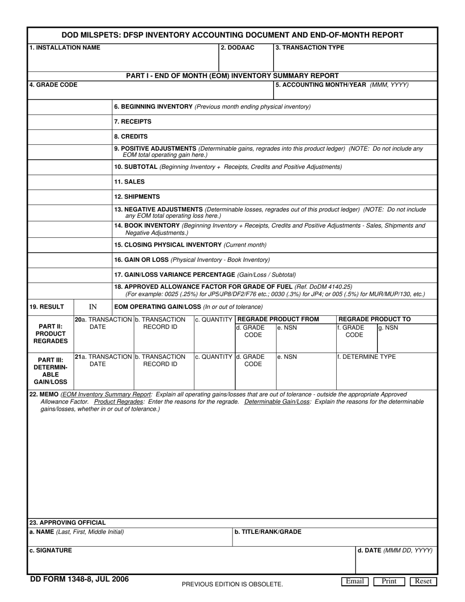 DD Form 1348-8 DoD Milspets: DFSP Inventory Accounting Document and End-Of-Month Report, Page 1