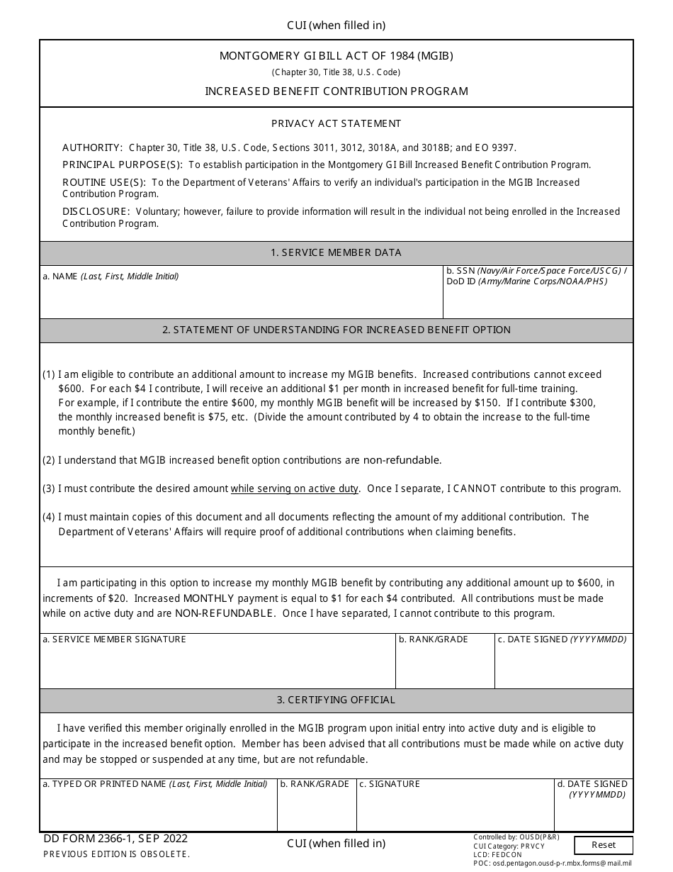 DD Form 2366-1 Montgomery Gi Bill Act of 1984 (Mgib) - Increased Benefit Contribution Program, Page 1