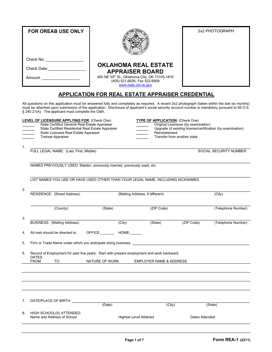Form REA-1 Application for Real Estate Appraiser Credential - Oklahoma, Page 1
