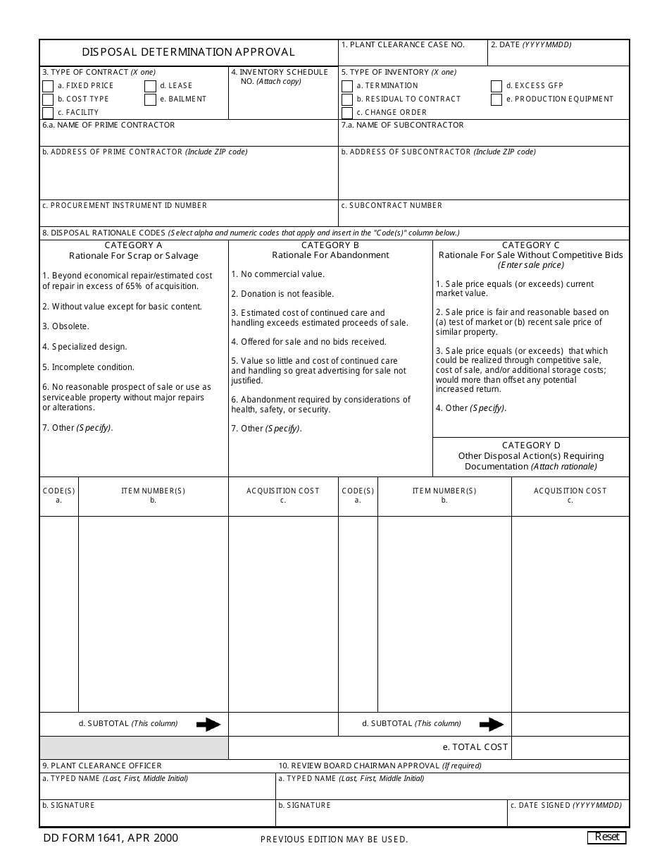 DD Form 1641 Disposal Determination Approval, Page 1