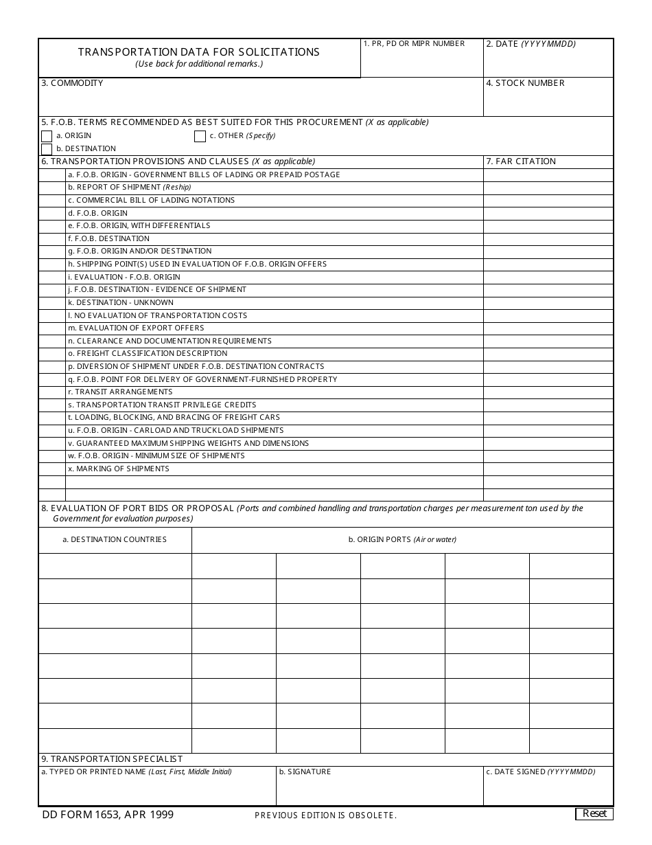 DD Form 1653 Transportation Data for Solicitations, Page 1