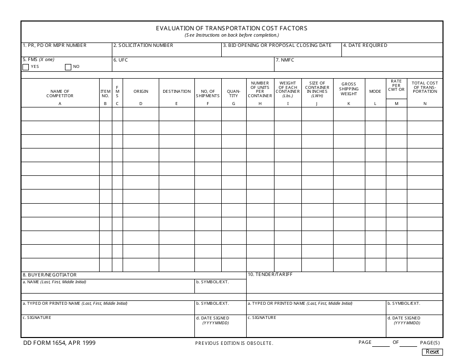 DD Form 1654 Evaluation of Transportation Cost Factors, Page 1