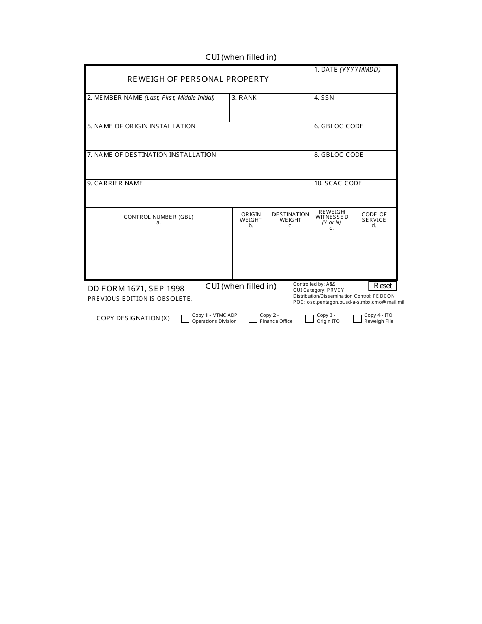 DD Form 1671 Reweigh of Personal Property, Page 1