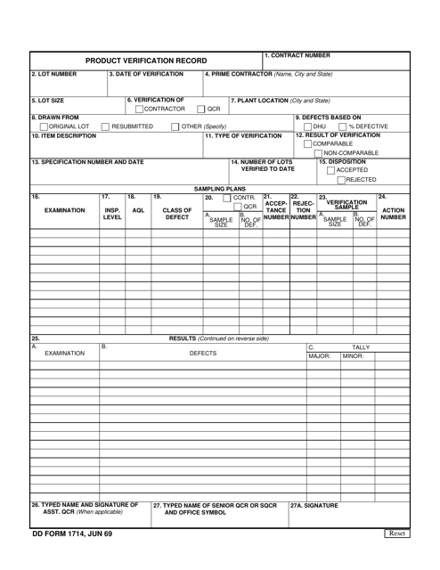 DD Form 1714 Product Verification Record