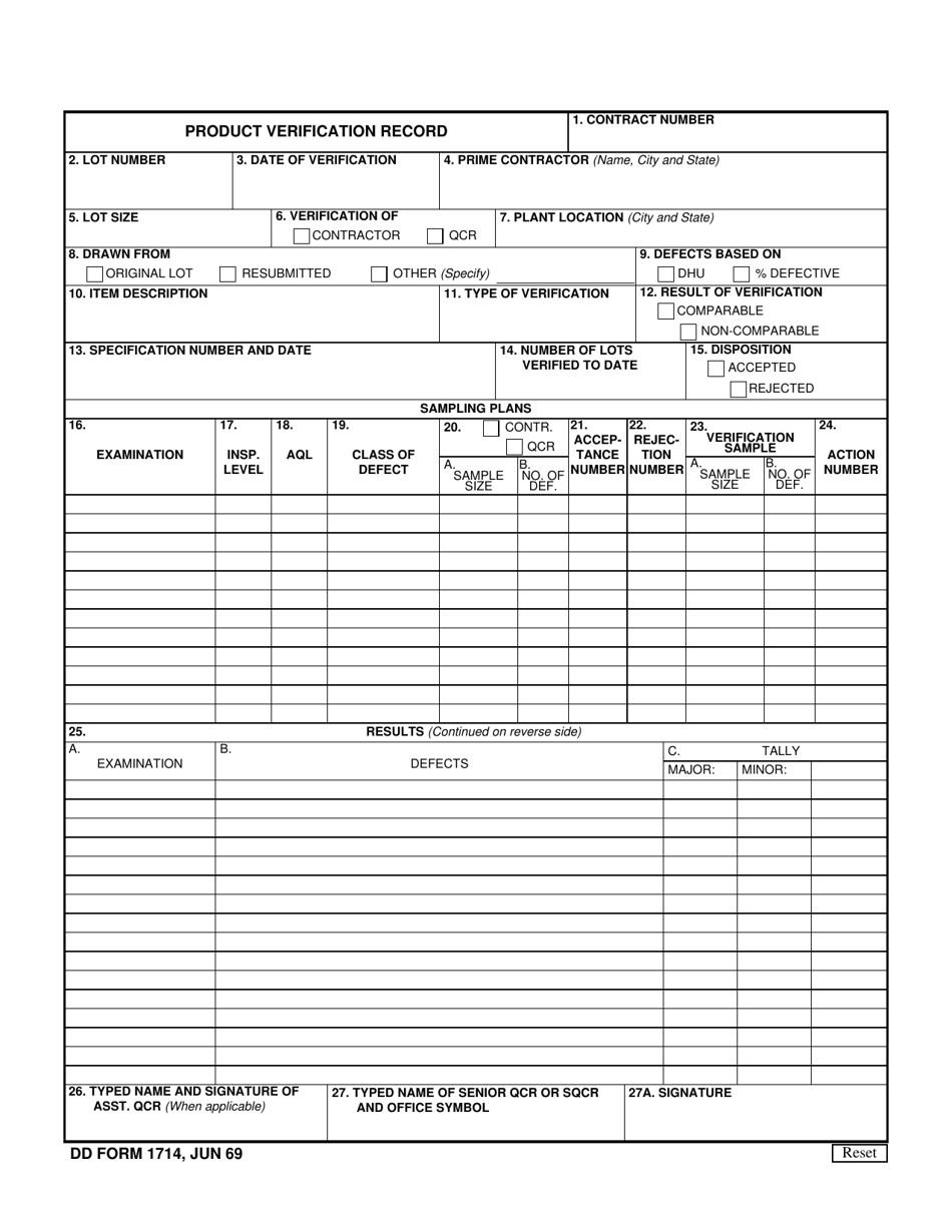 DD Form 1714 Product Verification Record, Page 1