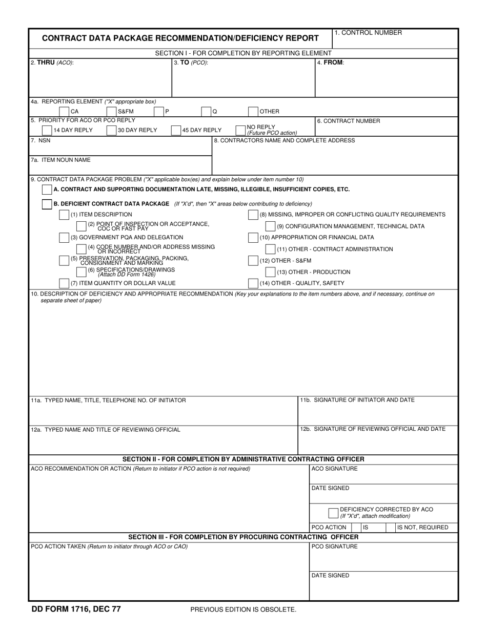 DD Form 1716 Contract Data Package Recommendation / Deficiency Report, Page 1