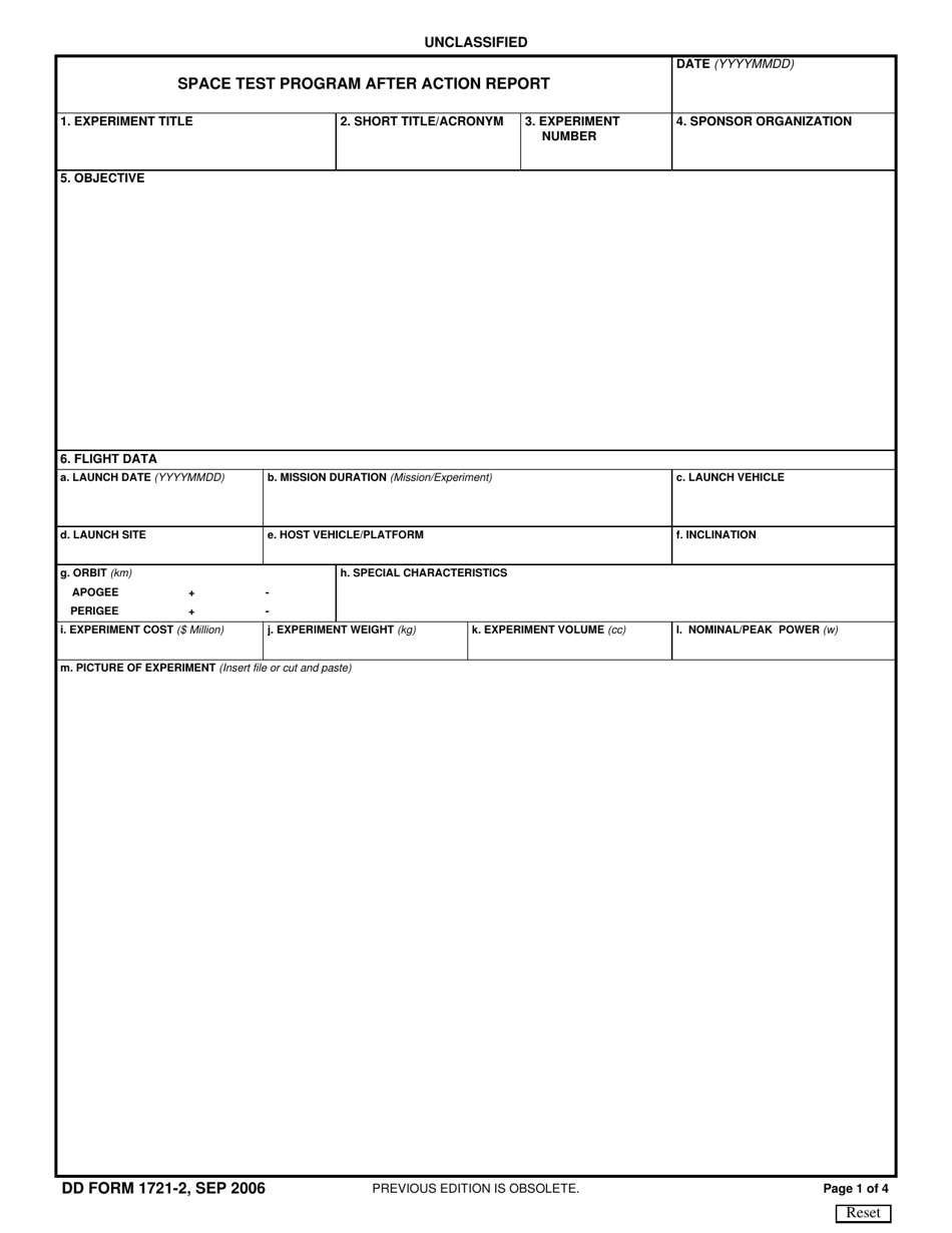 DD Form 1721-2 Space Test Program After Action Report, Page 1