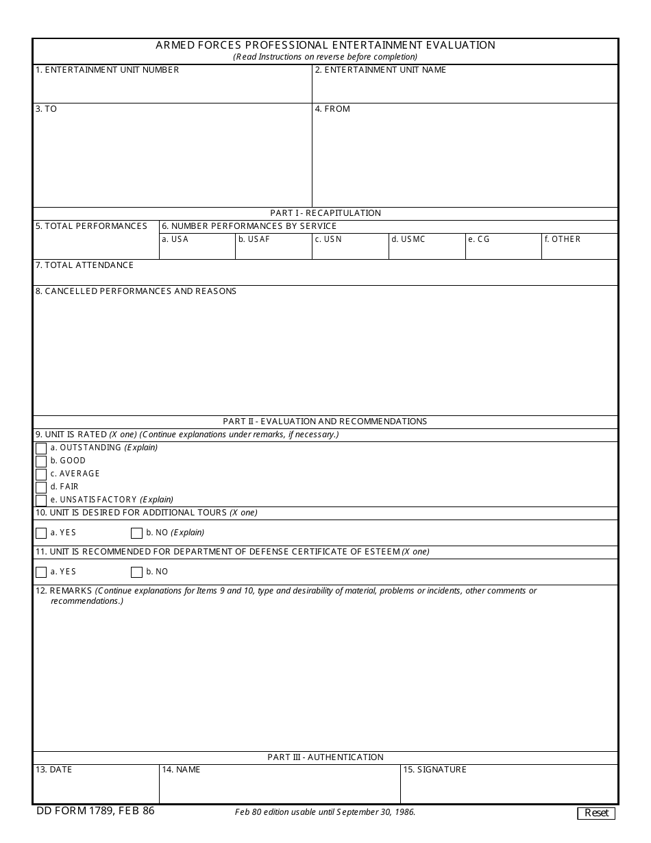DD Form 1789 Armed Forces Professional Entertainment Evaluation, Page 1