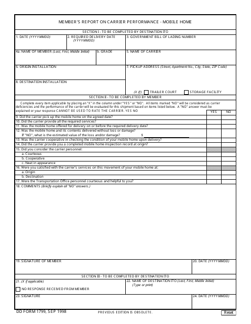 DD Form 1799 Member's Report on Carrier Performance - Mobile Homes