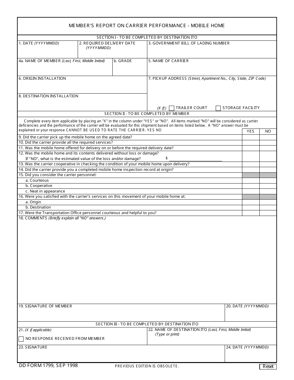 DD Form 1799 Members Report on Carrier Performance - Mobile Homes, Page 1