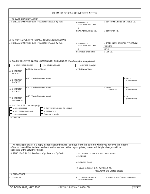 DD Form 1843 Demand on Carrier/Contractor