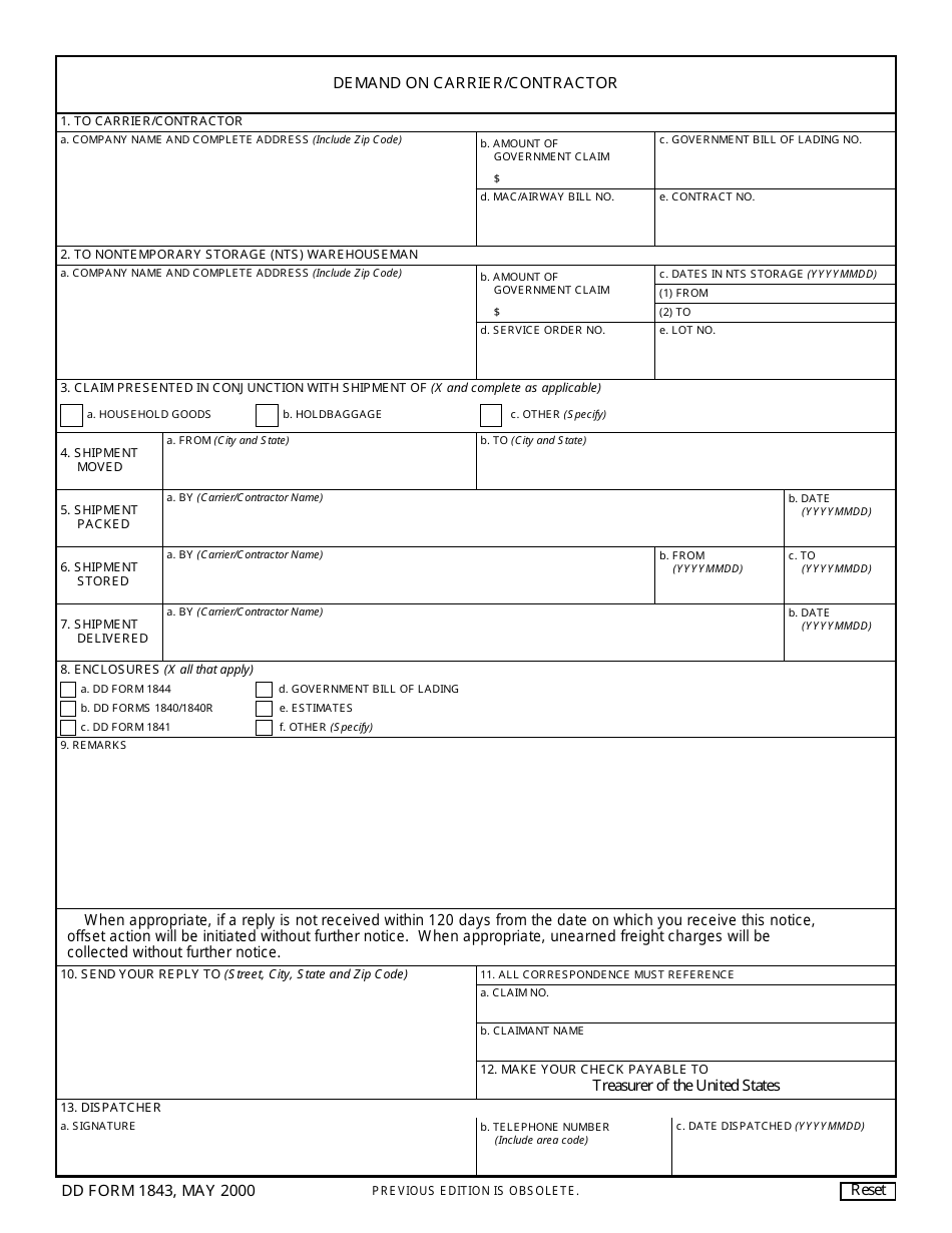DD Form 1843 Demand on Carrier / Contractor, Page 1