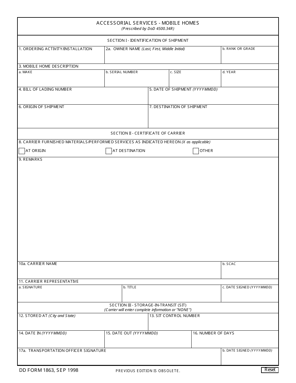 DD Form 1863 Accessorial Services - Mobile Homes, Page 1