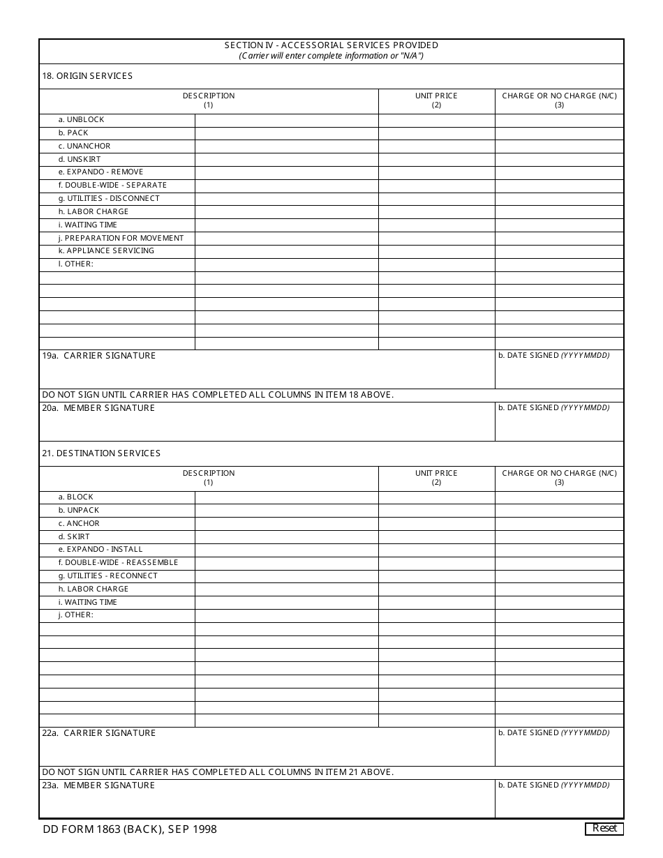 DD Form 1863 Accessorial Services - Mobile Homes, Page 2