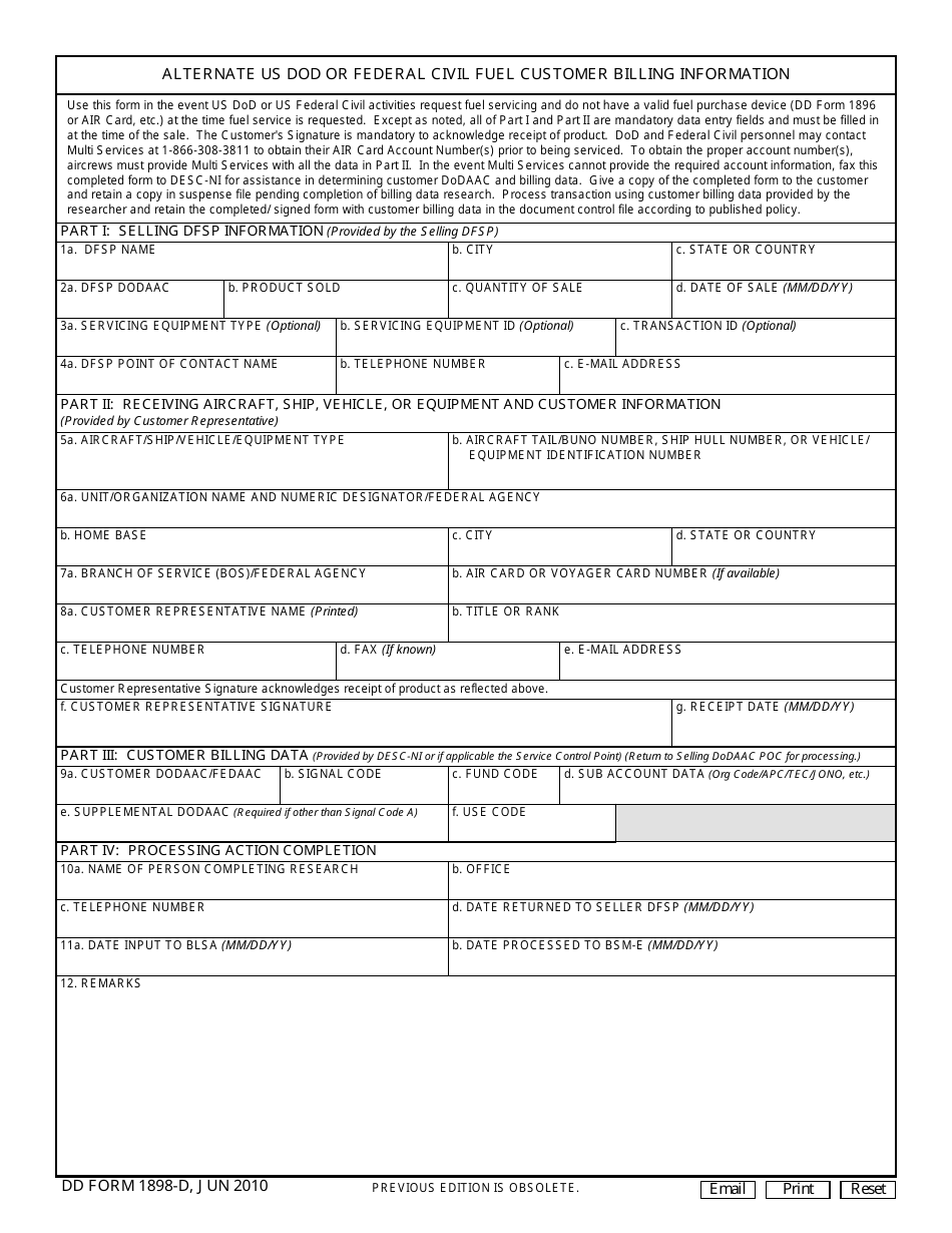 DD Form 1898-D Alternate US DoD or Federal Civil Fuel Customer Billing Information, Page 1