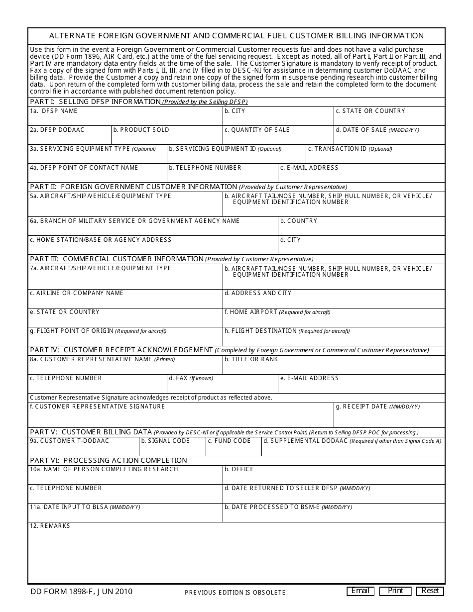 DD Form 1898-F Alternate Foreign Government and Commercial Fuel Customer Billing Information, Page 1