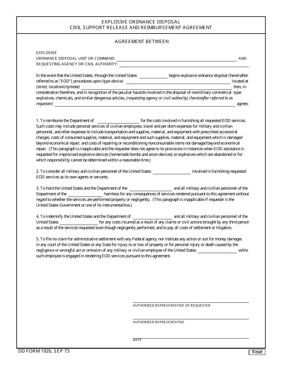 DD Form 1926 Explosive Ordnance Disposal Civil Support Release and Reimbursement Agreement, Page 1