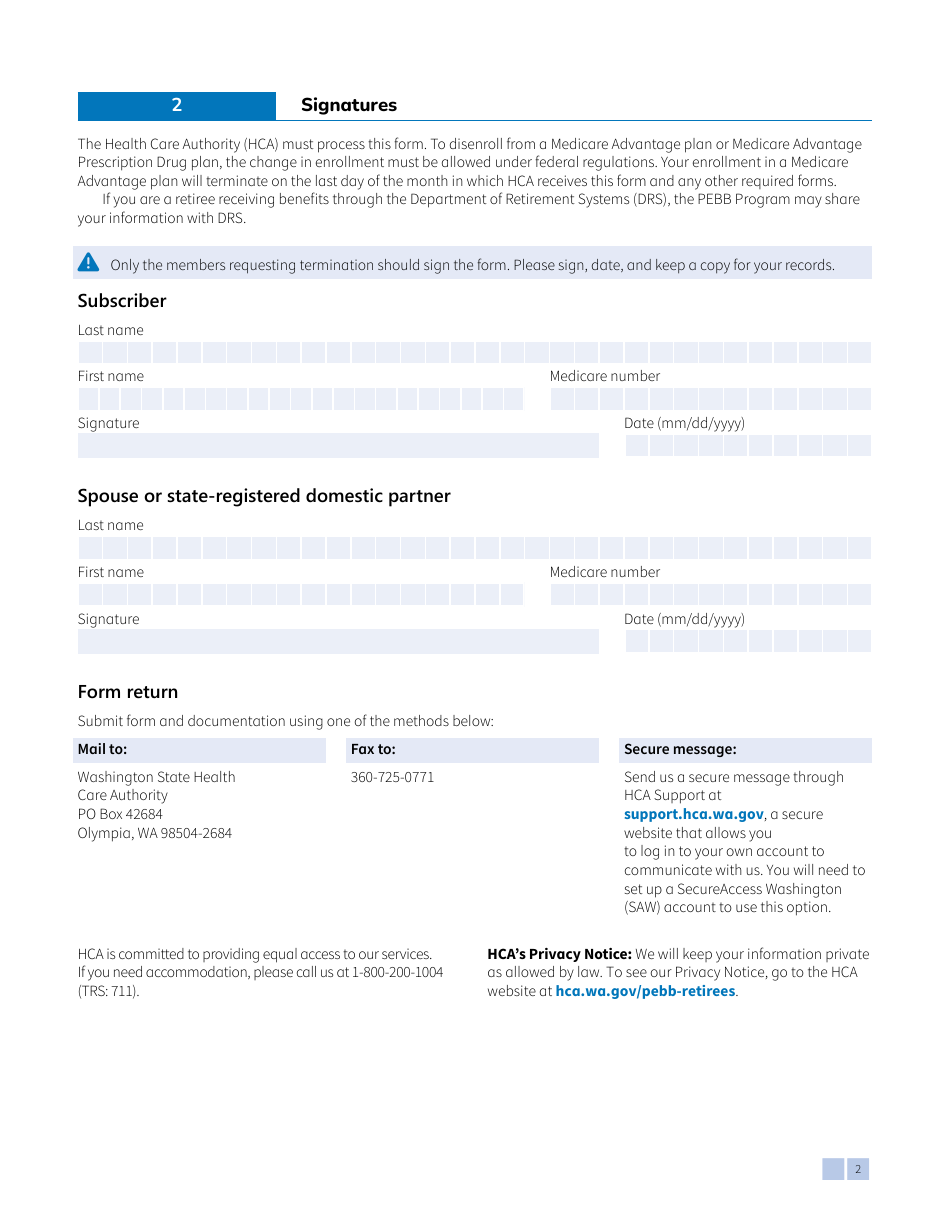 Form HCA51-0556 Pebb Medicare Advantage Plan Disenrollment Form - Washington, Page 2