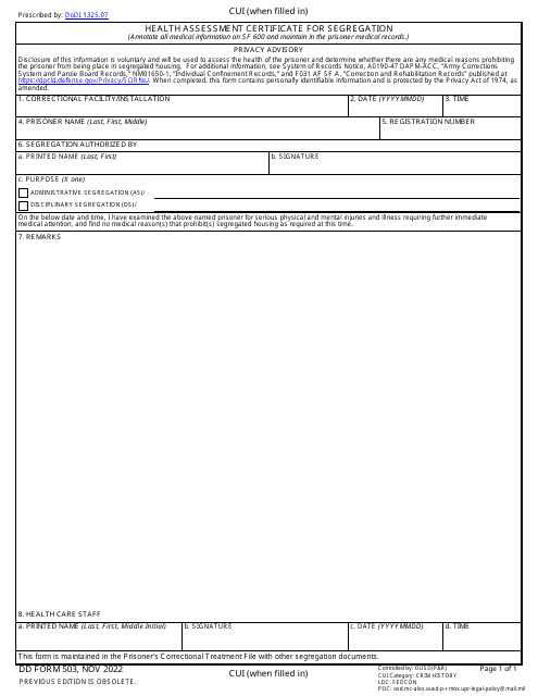 DD Form 503 Health Assessment Certificate for Segregation
