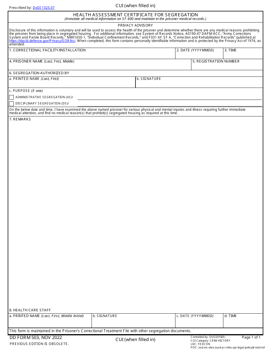 DD Form 503 Download Fillable PDF or Fill Online Health Assessment ...