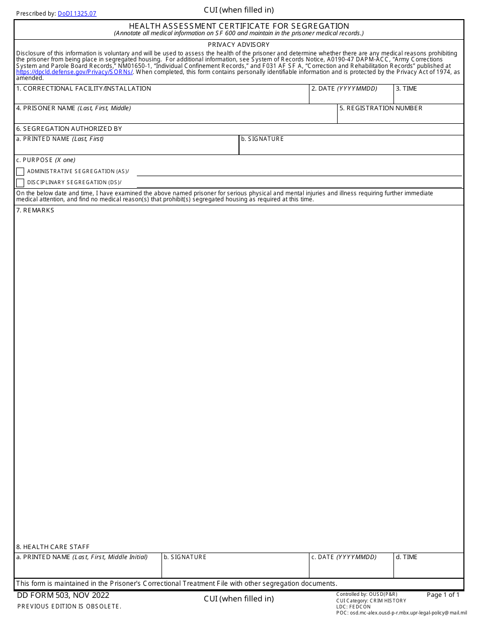 DD Form 503 Health Assessment Certificate for Segregation, Page 1