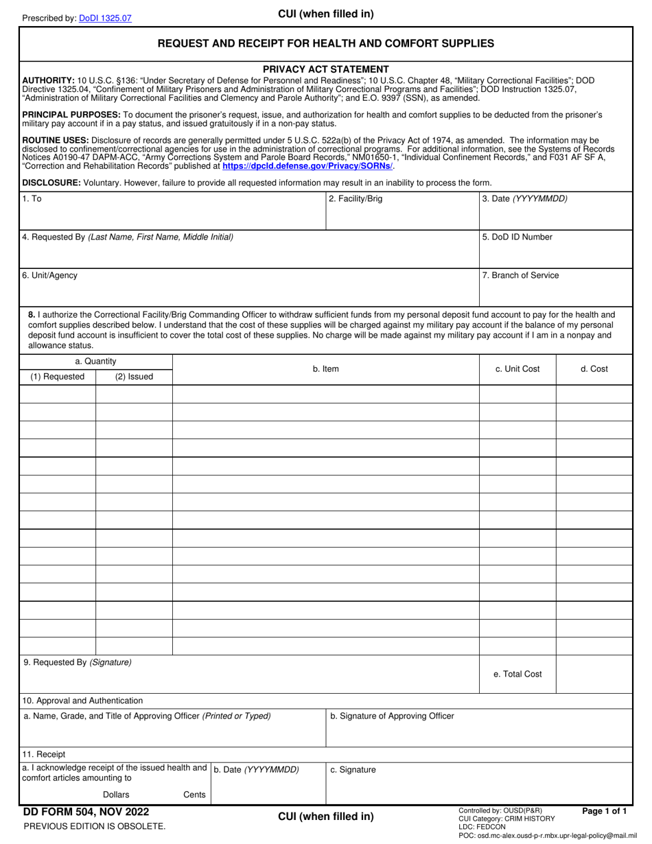 DD Form 504 Request and Receipt for Health and Comfort Supplies, Page 1
