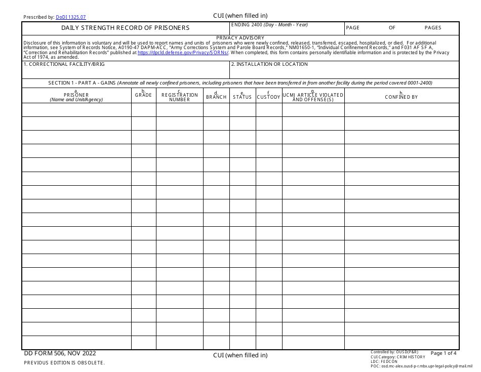 DD Form 506 Download Fillable PDF or Fill Online Daily Strength Record ...