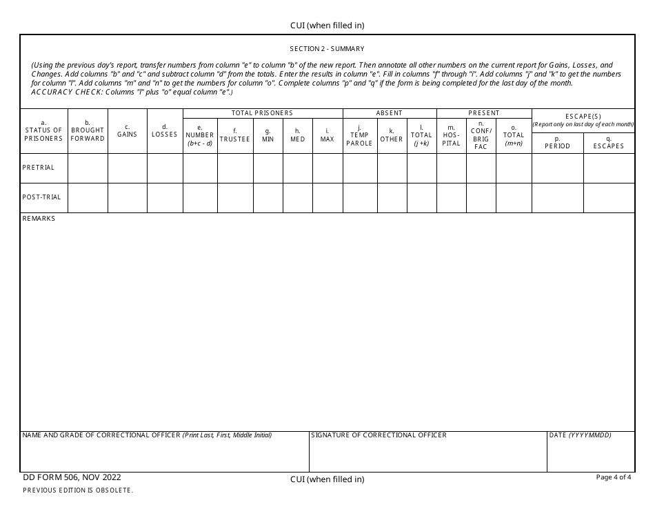 DD Form 506 Daily Strength Record of Prisoners, Page 4
