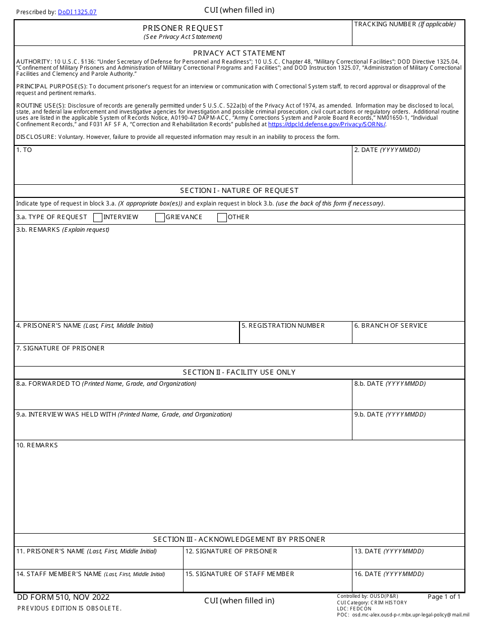 DD Form 510 Prisoner Request, Page 1