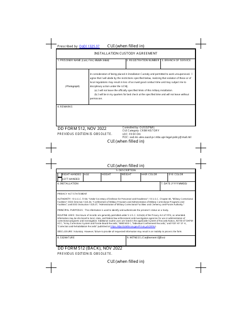 DD Form 512 Installation Custody Agreement