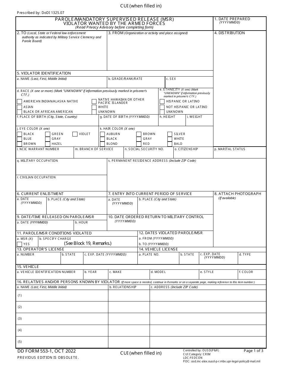 DD Form 553-1 Parole / Mandatory Supervised Release (Msr) Violator Wanted by the Armed Forces, Page 1