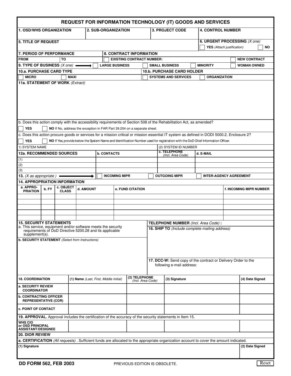 DD Form 562 Request for Information Technology (It) Goods and Services, Page 1