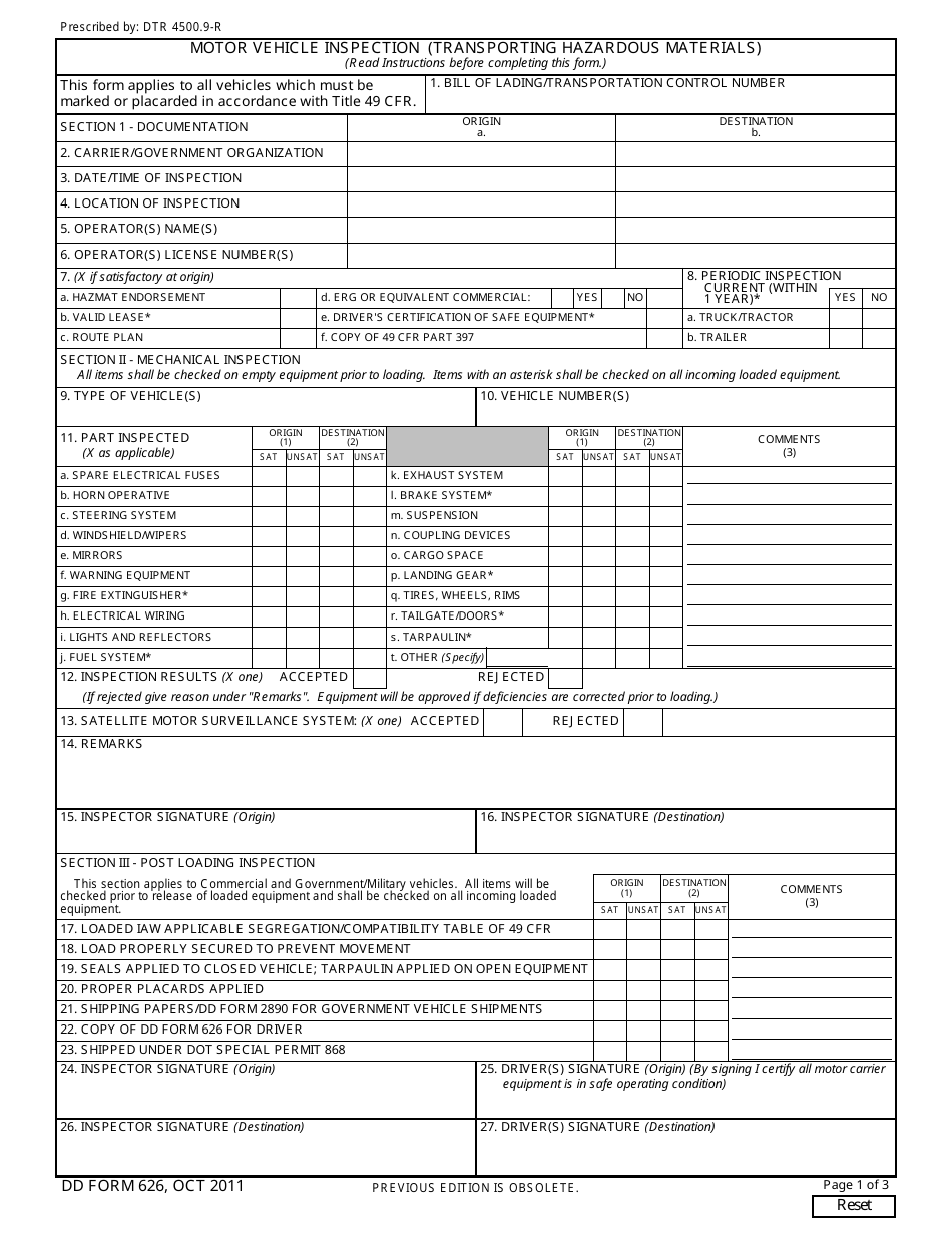 DD Form 626 Motor Vehicle Inspection (Transporting Hazardous Materials), Page 1