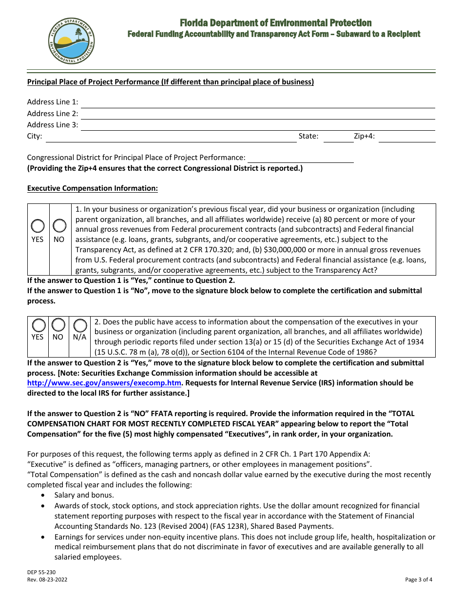 DEP Form 55-230 Federal Funding Accountability and Transparency Act Form - Subaward to a Recipient - Florida, Page 3