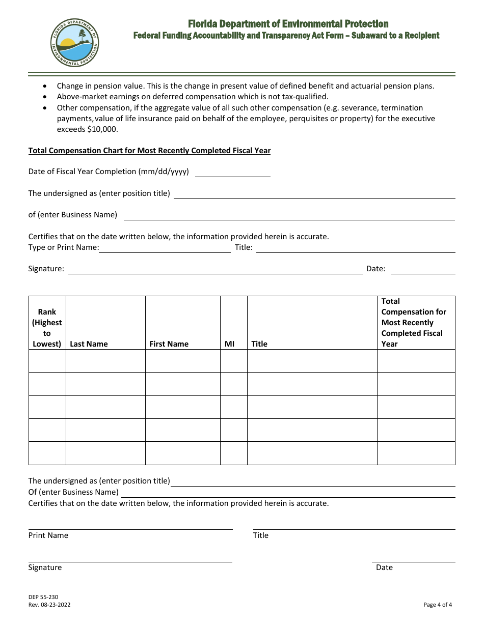 DEP Form 55-230 Federal Funding Accountability and Transparency Act Form - Subaward to a Recipient - Florida, Page 4